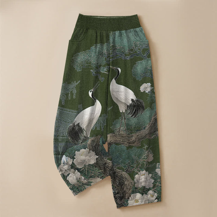 Buddha Stones Cotton Oriental Crane White Blossom Pattern Pleated Elastic Waist Women's Harem Pants With Pockets - image 9
