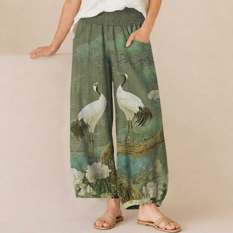Buddha Stones Cotton Oriental Crane White Blossom Pattern Pleated Elastic Waist Women's Harem Pants With Pockets - ForestGreen - US16，UK/AU20，EU48 (3XL) - image 10