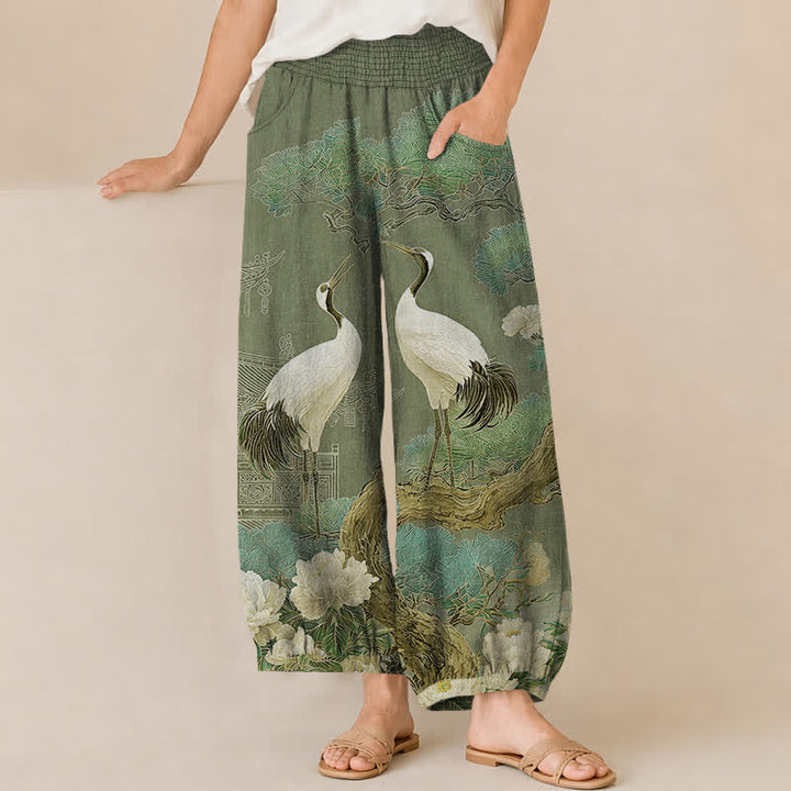 Buddha Stones Cotton Oriental Crane White Blossom Pattern Pleated Elastic Waist Women's Harem Pants With Pockets - ForestGreen - US16，UK/AU20，EU48 (3XL) - image 10
