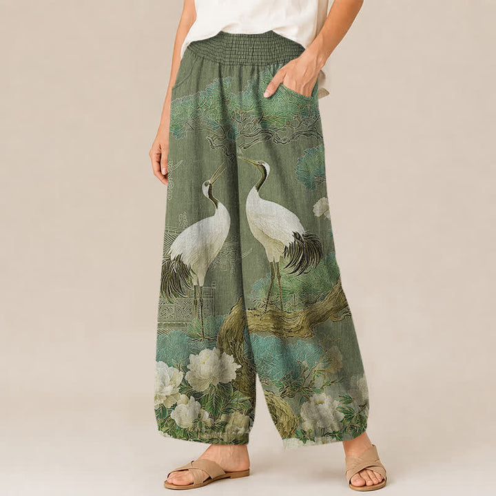Buddha Stones Cotton Oriental Crane White Blossom Pattern Pleated Elastic Waist Women's Harem Pants With Pockets - image 11