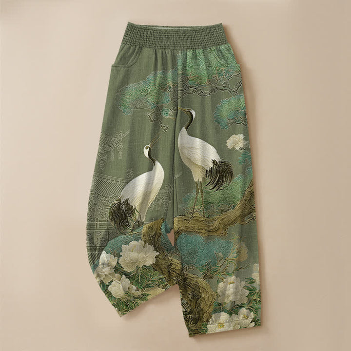 Buddha Stones Cotton Oriental Crane White Blossom Pattern Pleated Elastic Waist Women's Harem Pants With Pockets - image 13