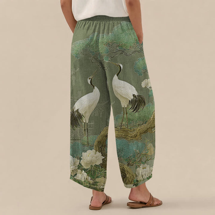 Buddha Stones Cotton Oriental Crane White Blossom Pattern Pleated Elastic Waist Women's Harem Pants With Pockets - image 12