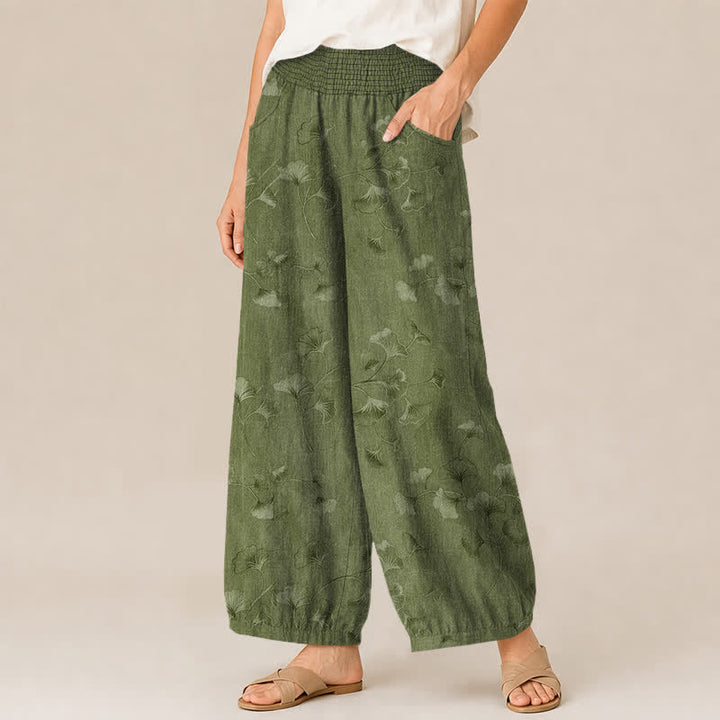 Buddha Stones Cotton Ginkgo Leaves Pattern Pleated Elastic Waist Women's Harem Pants With Pockets - image 7