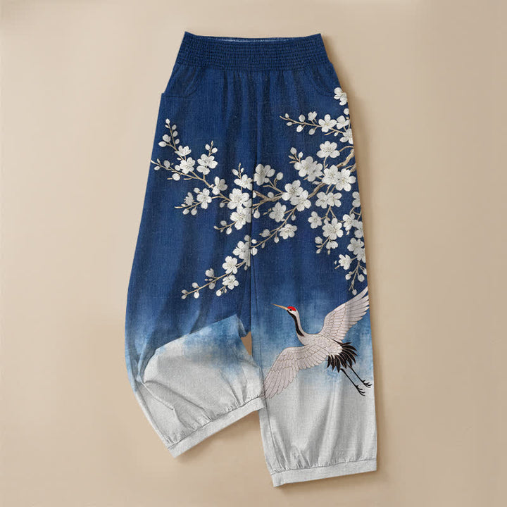 Buddha Stones Cotton Oriental Crane Plum Blossom Pattern Pleated Elastic Waist Women's Harem Pants With Pockets - image 3