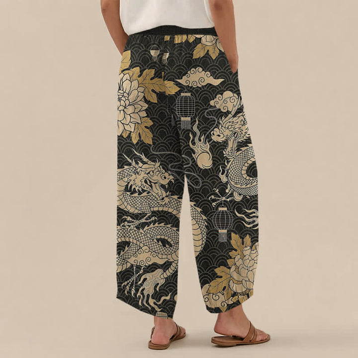 Buddha Stones Cotton Oriental Dragon Lotus Cloud Pattern Pleated Elastic Waist Women's Harem Pants With Pockets - image 2