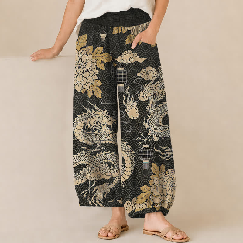 Buddha Stones Cotton Oriental Dragon Lotus Cloud Pattern Pleated Elastic Waist Women's Harem Pants With Pockets - Black - US16，UK/AU20，EU48 (3XL) - image 0