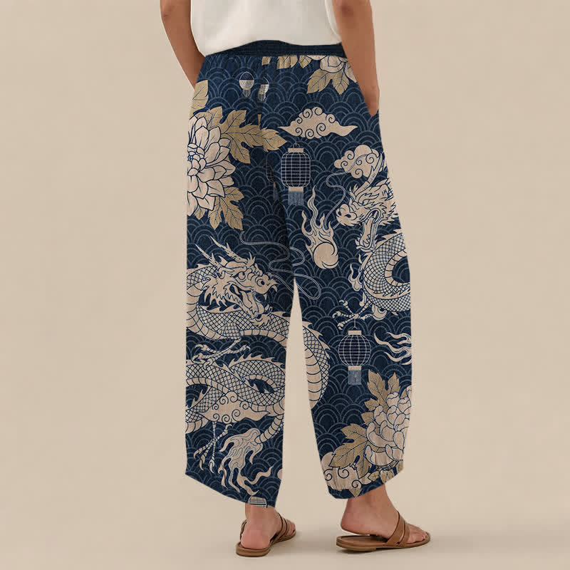 Buddha Stones Cotton Oriental Dragon Lotus Cloud Pattern Pleated Elastic Waist Women's Harem Pants With Pockets - image 8