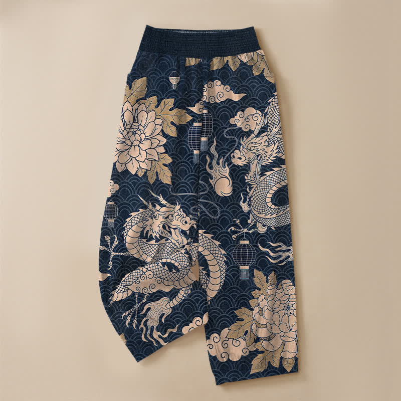 Buddha Stones Cotton Oriental Dragon Lotus Cloud Pattern Pleated Elastic Waist Women's Harem Pants With Pockets - image 9