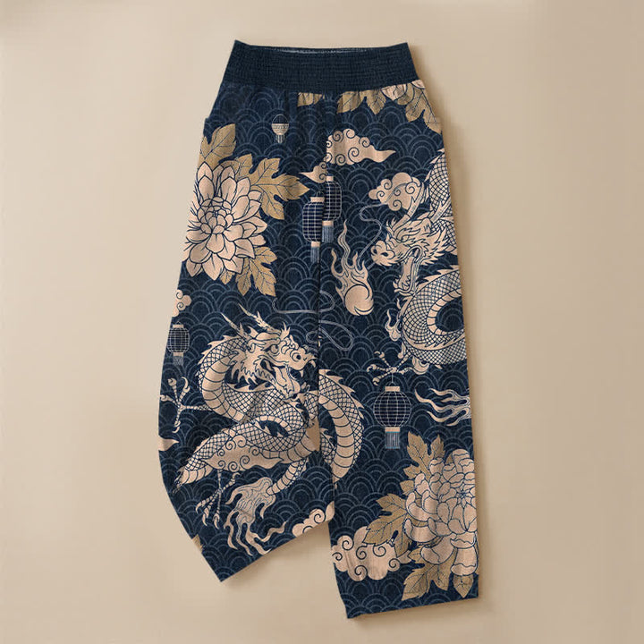 Buddha Stones Cotton Oriental Dragon Lotus Cloud Pattern Pleated Elastic Waist Women's Harem Pants With Pockets - image 9