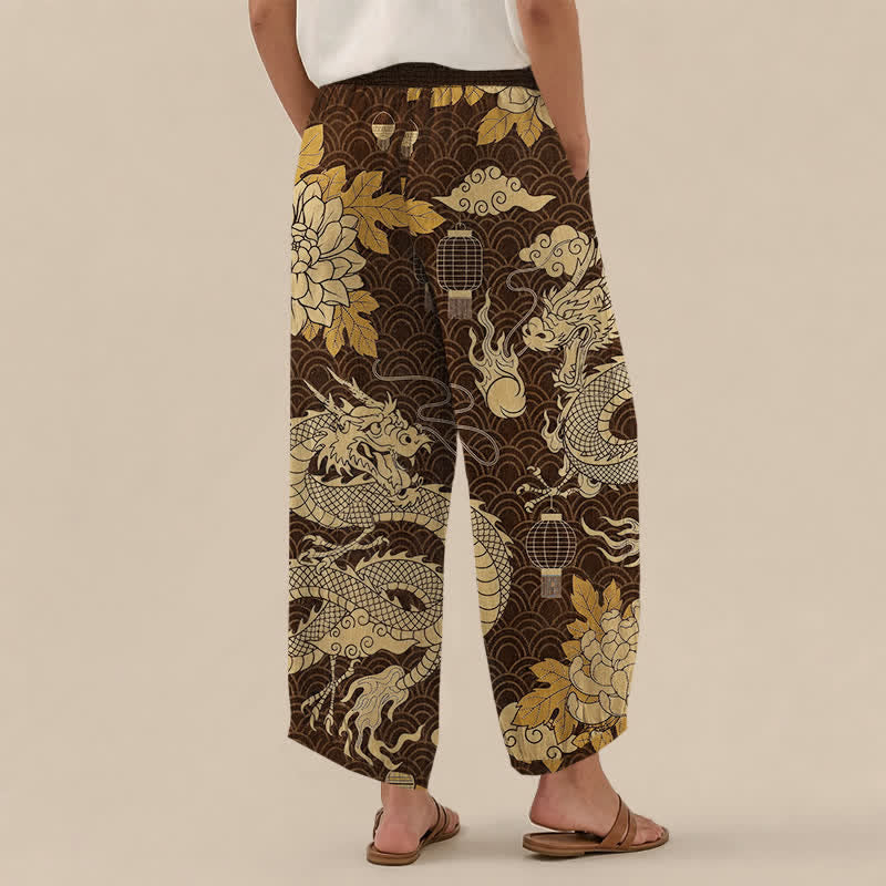 Buddha Stones Cotton Oriental Dragon Lotus Cloud Pattern Pleated Elastic Waist Women's Harem Pants With Pockets - image 12