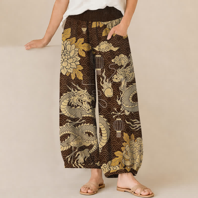 Buddha Stones Cotton Oriental Dragon Lotus Cloud Pattern Pleated Elastic Waist Women's Harem Pants With Pockets - SaddleBrown - US16，UK/AU20，EU48 (3XL) - image 10