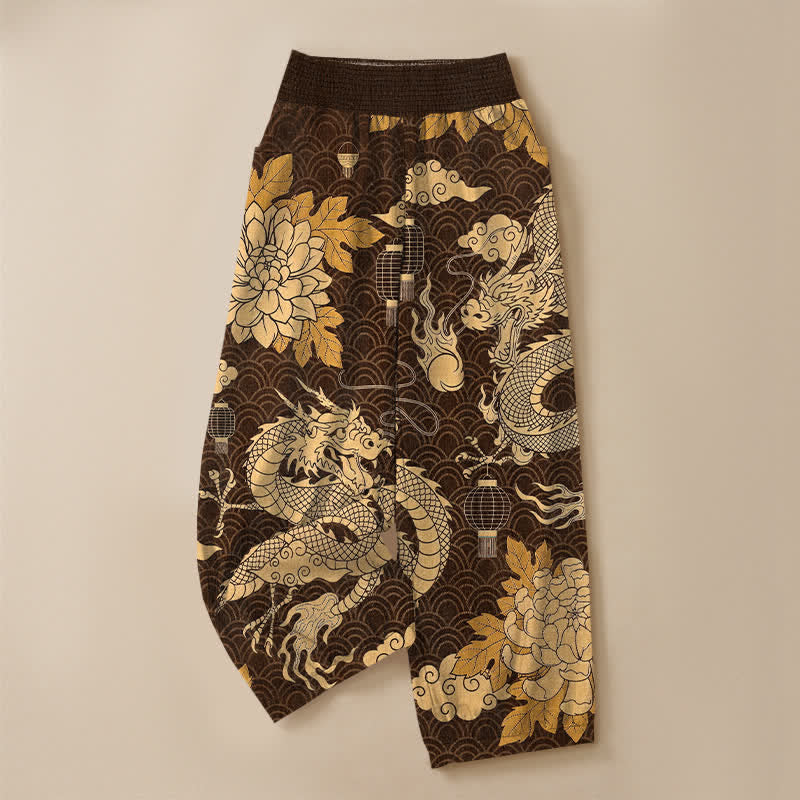 Buddha Stones Cotton Oriental Dragon Lotus Cloud Pattern Pleated Elastic Waist Women's Harem Pants With Pockets - image 13