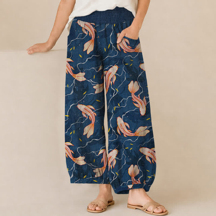 Buddha Stones Cotton Koi Fish Wave Pattern Pleated Elastic Waist Women's Harem Pants With Pockets - Navy - US16，UK/AU20，EU48 (3XL) - image 0