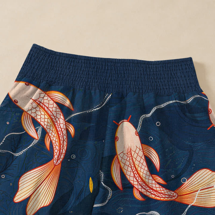 Buddha Stones Cotton Koi Fish Wave Pattern Pleated Elastic Waist Women's Harem Pants With Pockets - image 4