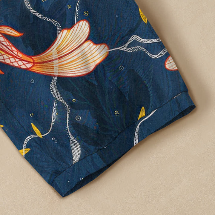 Buddha Stones Cotton Koi Fish Wave Pattern Pleated Elastic Waist Women's Harem Pants With Pockets - image 5