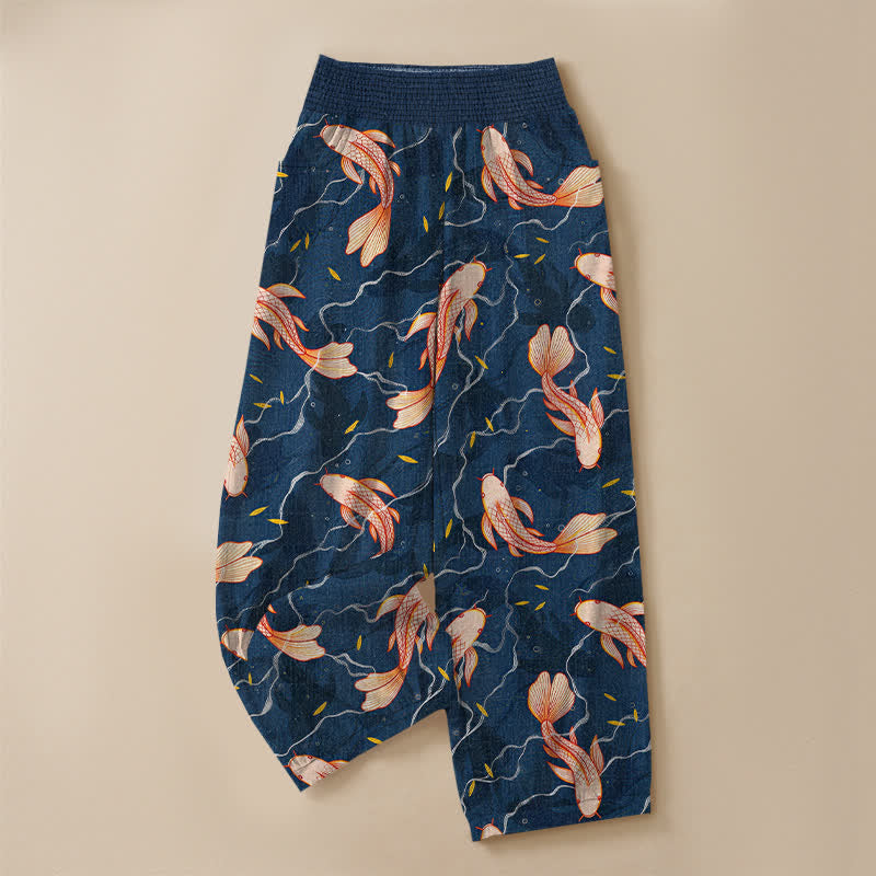 Buddha Stones Cotton Koi Fish Wave Pattern Pleated Elastic Waist Women's Harem Pants With Pockets - image 3