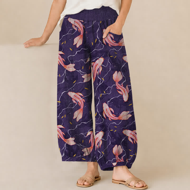 Buddha Stones Cotton Koi Fish Wave Pattern Pleated Elastic Waist Women's Harem Pants With Pockets - Indigo - US16，UK/AU20，EU48 (3XL) - image 10