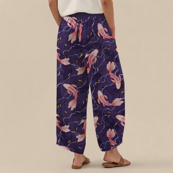 Buddha Stones Cotton Koi Fish Wave Pattern Pleated Elastic Waist Women's Harem Pants With Pockets - image 12
