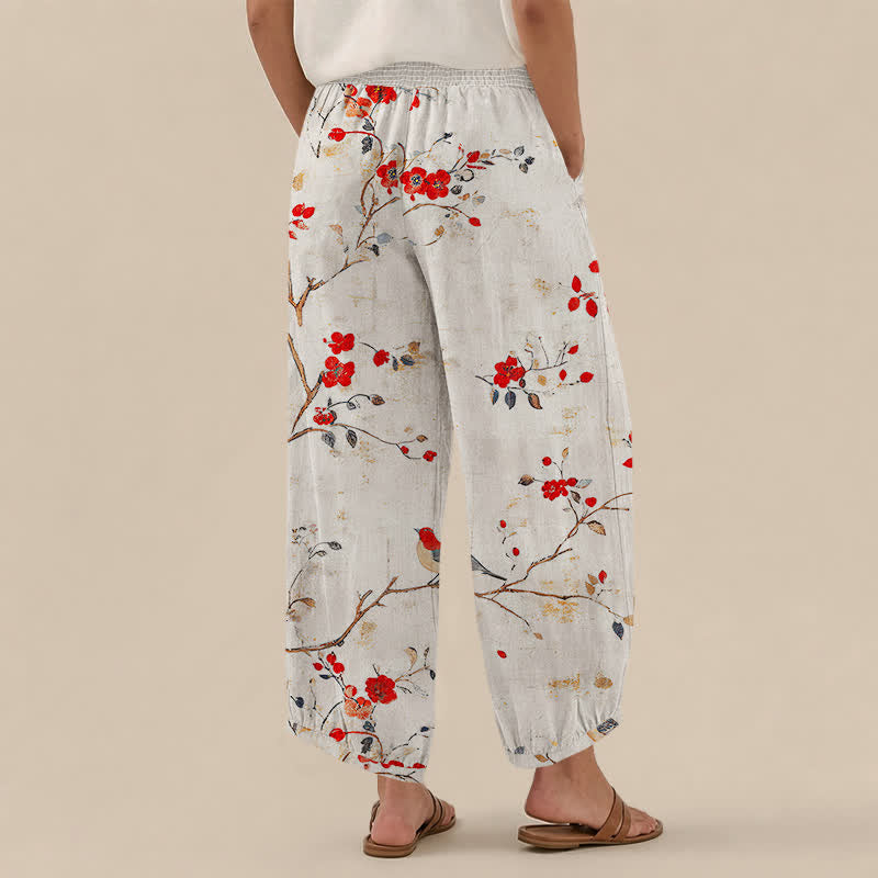 Buddha Stones Cotton Blossom Bird Branch Pattern Pleated Elastic Waist Women's Harem Pants With Pockets - image 2