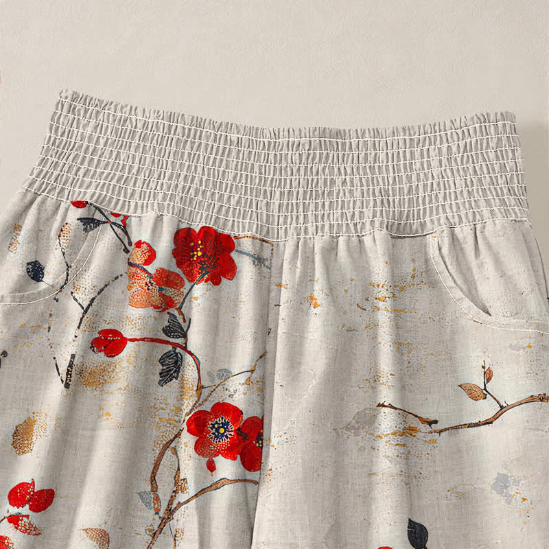 Buddha Stones Cotton Blossom Bird Branch Pattern Pleated Elastic Waist Women's Harem Pants With Pockets - image 4