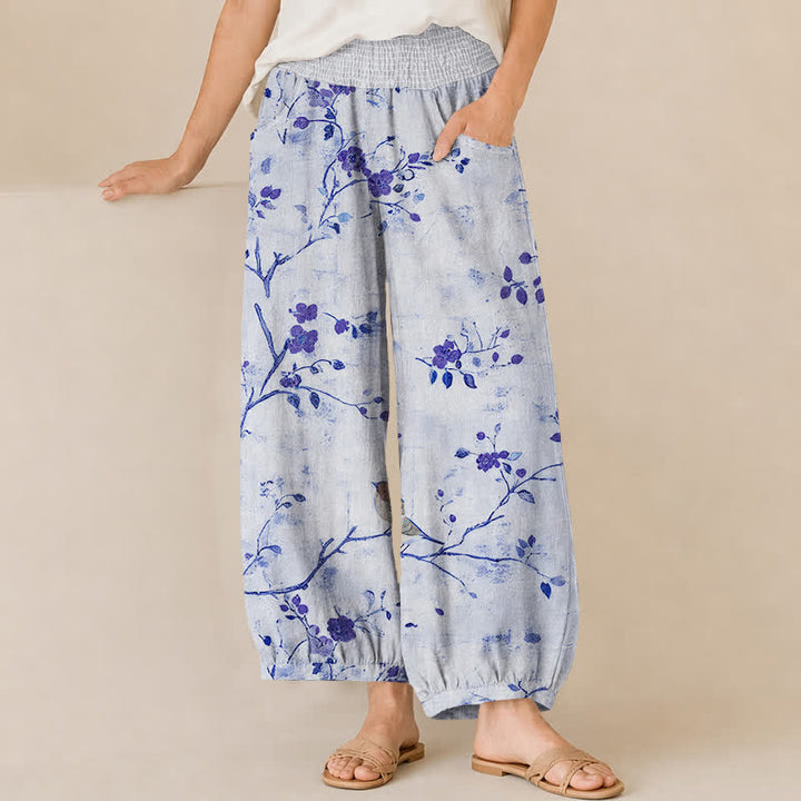 Buddha Stones Cotton Blossom Bird Branch Pattern Pleated Elastic Waist Women's Harem Pants With Pockets - LightBlue - US16，UK/AU20，EU48 (3XL) - image 6