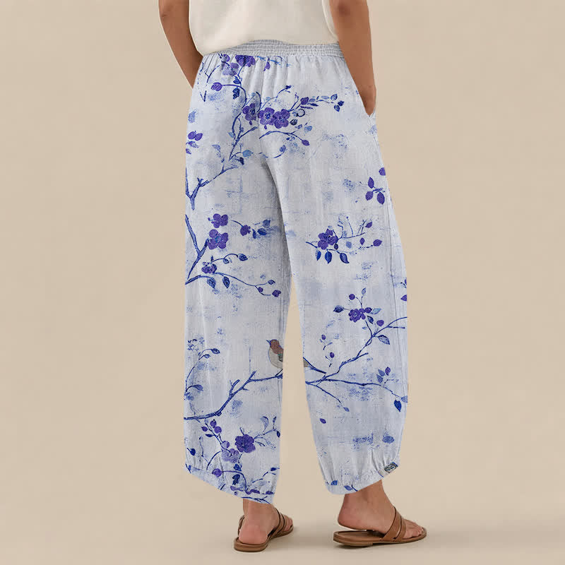 Buddha Stones Cotton Blossom Bird Branch Pattern Pleated Elastic Waist Women's Harem Pants With Pockets - image 8