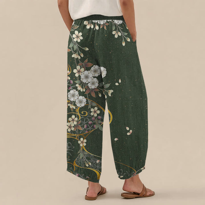Buddha Stones Cotton Asymmetrical Floral Vine Pattern Pleated Elastic Waist Women's Harem Pants With Pockets - image 12