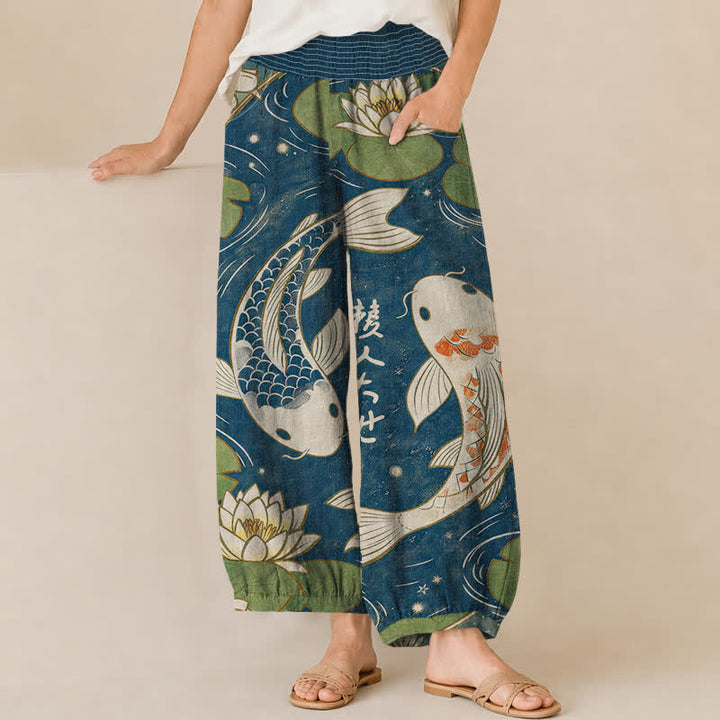 Buddha Stones Cotton Oriental Koi Fish Lotus Pattern Pleated Elastic Waist Women's Harem Pants With Pockets - SteelBlue - US16，UK/AU20，EU48 (3XL) - image 0