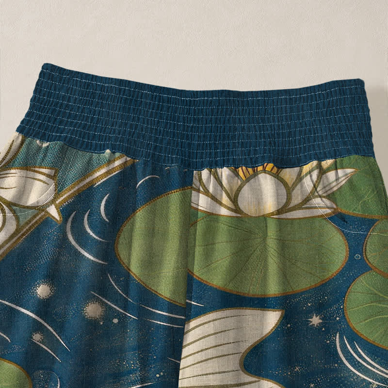 Buddha Stones Cotton Oriental Koi Fish Lotus Pattern Pleated Elastic Waist Women's Harem Pants With Pockets - image 4