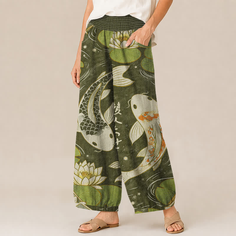 Buddha Stones Cotton Oriental Koi Fish Lotus Pattern Pleated Elastic Waist Women's Harem Pants With Pockets - image 7