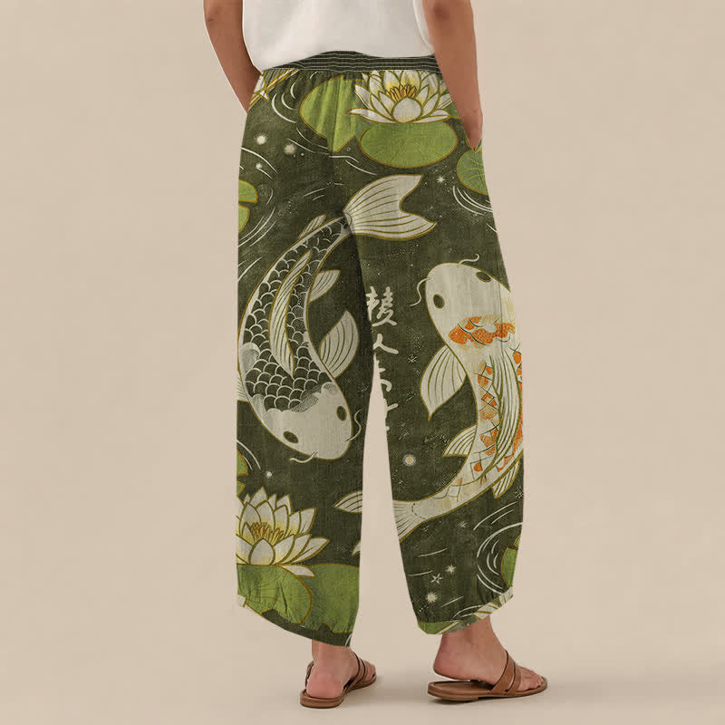 Buddha Stones Cotton Oriental Koi Fish Lotus Pattern Pleated Elastic Waist Women's Harem Pants With Pockets - image 8