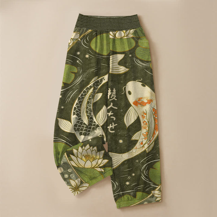 Buddha Stones Cotton Oriental Koi Fish Lotus Pattern Pleated Elastic Waist Women's Harem Pants With Pockets - image 9
