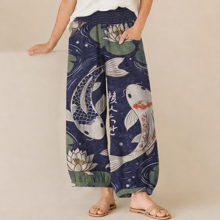 Buddha Stones Cotton Oriental Koi Fish Lotus Pattern Pleated Elastic Waist Women's Harem Pants With Pockets - Indigo - US16，UK/AU20，EU48 (3XL) - image 10