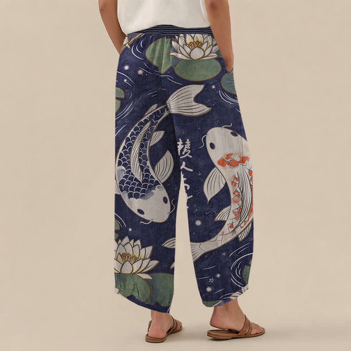 Buddha Stones Cotton Oriental Koi Fish Lotus Pattern Pleated Elastic Waist Women's Harem Pants With Pockets - image 12