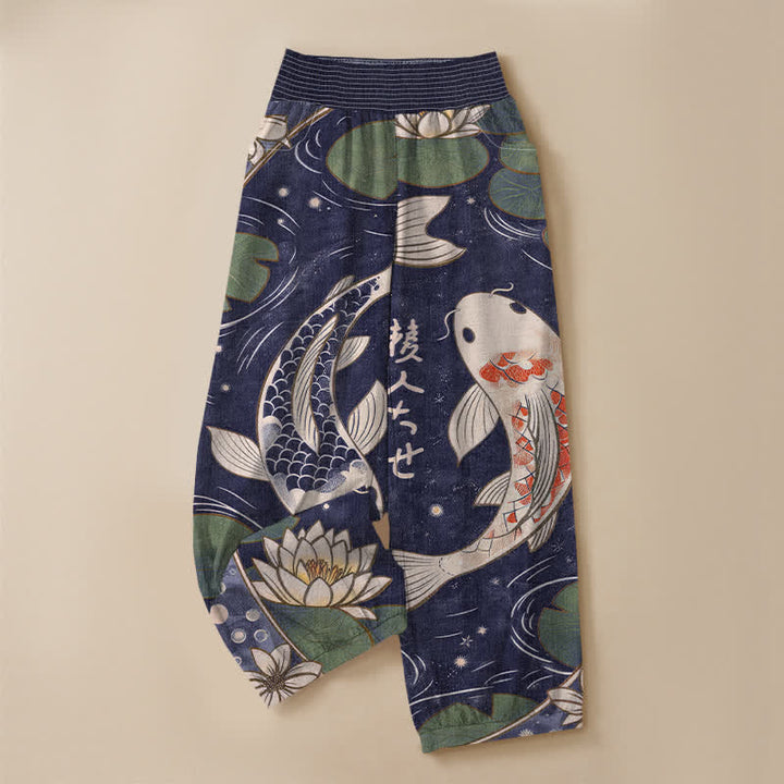 Buddha Stones Cotton Oriental Koi Fish Lotus Pattern Pleated Elastic Waist Women's Harem Pants With Pockets - image 13