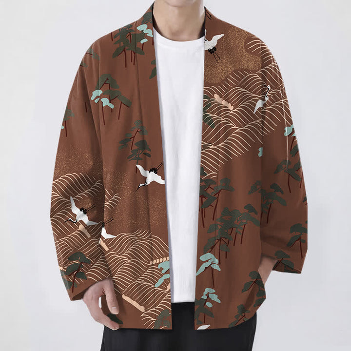 Buddha Stones Cotton White Crane Trees Flowing Waves Pattern Open Front Men's Kimono - Sienna - US/UK/AU48，EU58 (4XL) - image 0