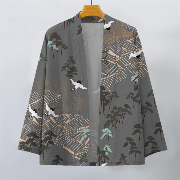 Buddha Stones Cotton White Crane Trees Flowing Waves Pattern Open Front Men's Kimono - image 10