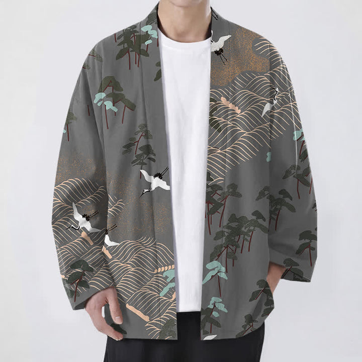 Buddha Stones Cotton White Crane Trees Flowing Waves Pattern Open Front Men's Kimono - DarkGray - US/UK/AU48，EU58 (4XL) - image 9