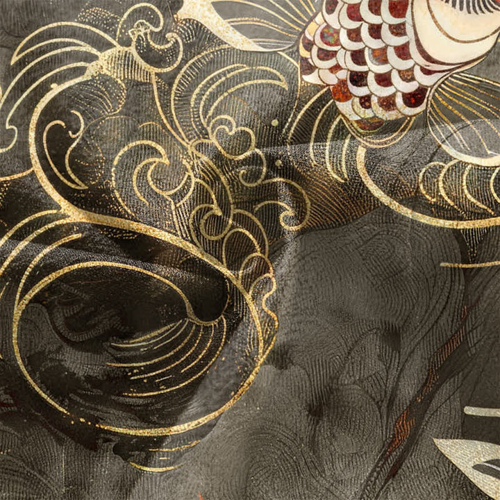 Buddha Stones Cotton Red Koi Fish Golden Waves Pattern Open Front Men's Kimono - image 5