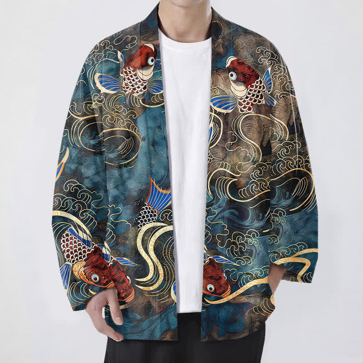 Buddha Stones Cotton Red Koi Fish Golden Waves Pattern Open Front Men's Kimono - CornflowerBlue - US/UK/AU48，EU58 (4XL) - image 6