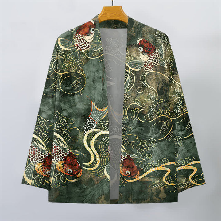 Buddha Stones Cotton Red Koi Fish Golden Waves Pattern Open Front Men's Kimono - image 10