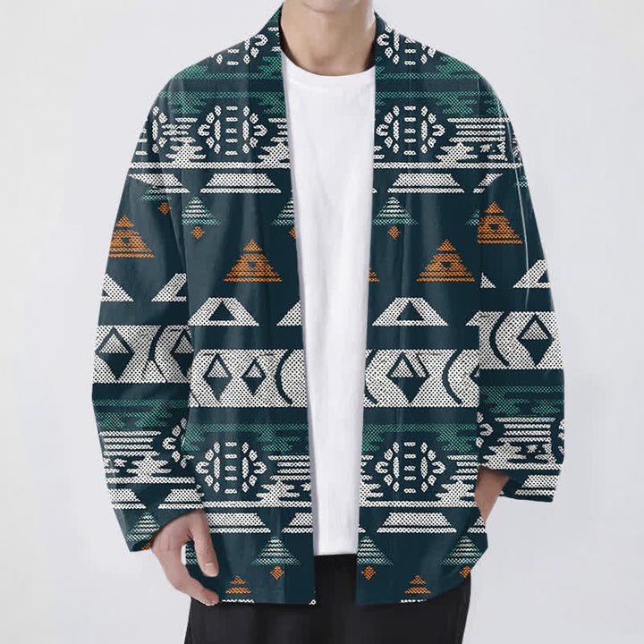 Buddha Stones Cotton Teal Aztec Geometric Pattern Open Front Men's Kimono - Teal - US/UK/AU48，EU58 (4XL) - image 0
