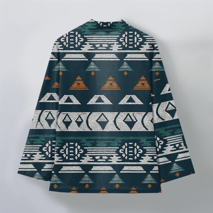 Buddha Stones Cotton Teal Aztec Geometric Pattern Open Front Men's Kimono - image 2