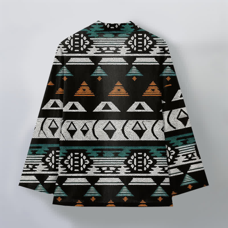 Buddha Stones Cotton Teal Aztec Geometric Pattern Open Front Men's Kimono - image 8