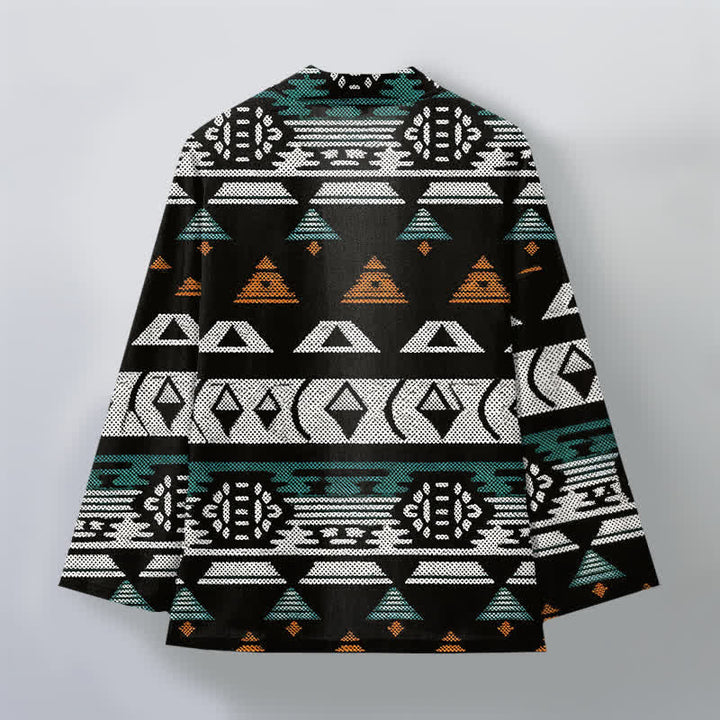 Buddha Stones Cotton Teal Aztec Geometric Pattern Open Front Men's Kimono - image 8