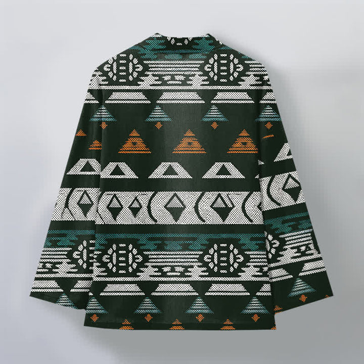 Buddha Stones Cotton Teal Aztec Geometric Pattern Open Front Men's Kimono - image 11