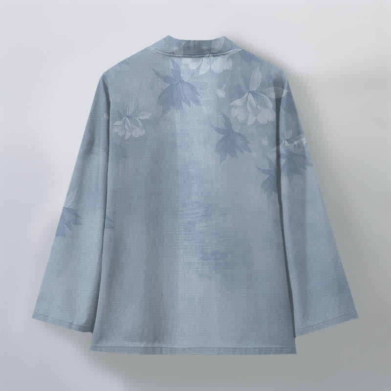 Buddha Stones Cotton Subtle Floral Leaf Pattern Open Front Men's Kimono - image 8