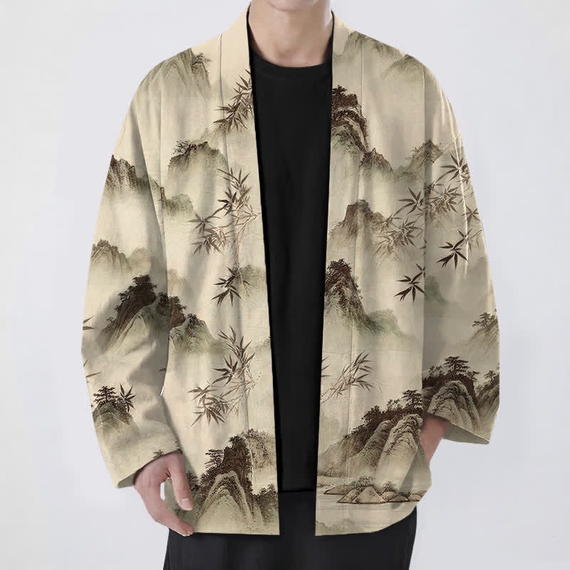 Buddha Stones Cotton Ink Bamboo Mountains Landscape Pattern Open Front Men's Kimono - Tan - US/UK/AU48，EU58 (4XL) - image 6