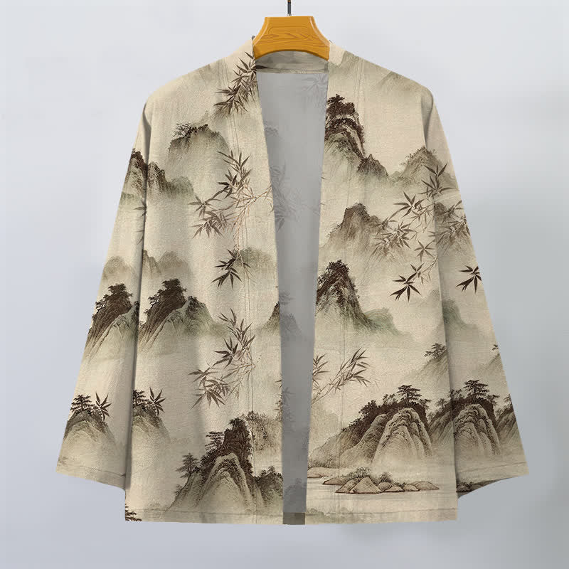 Buddha Stones Cotton Ink Bamboo Mountains Landscape Pattern Open Front Men's Kimono - image 7