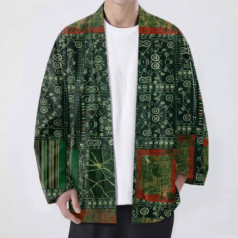 Buddha Stones Cotton Tribal Geometric Patchwork Pattern Open Front Men's Kimono - ForestGreen - US/UK/AU48，EU58 (4XL) - image 6